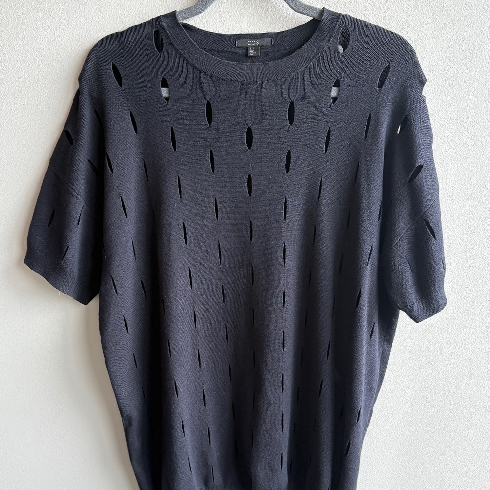 COS - Laser Cut Navy Blue Cotton Sweater Sweatshirt Shirt Top Layering